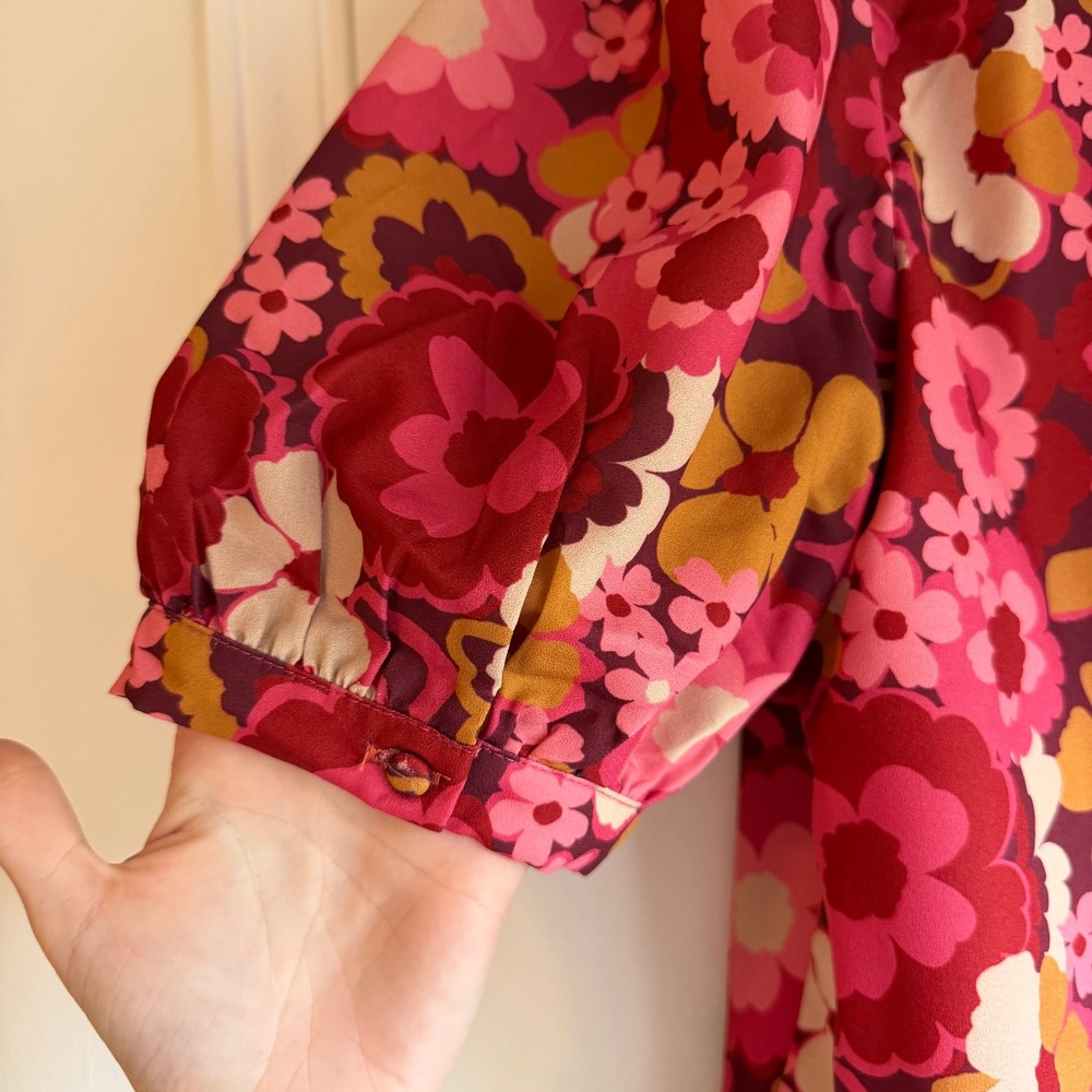 Sugarlips Pink Floral Babydoll Blouse Ruffle Split Neck Puff Sleeve Top STT16780 - Picture 7 of 9